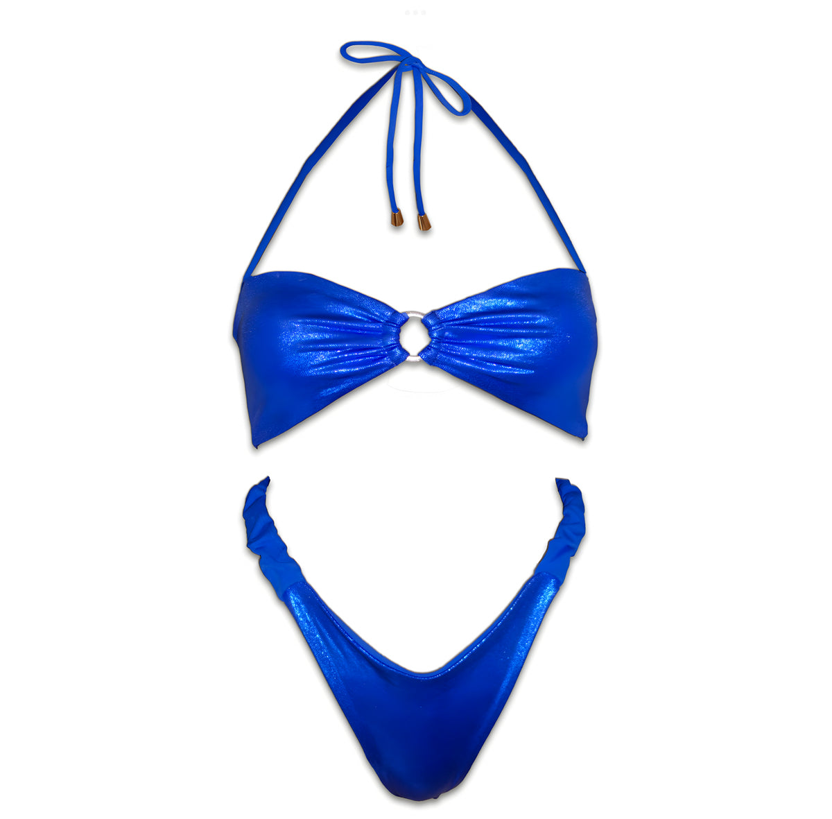 Shiny blue reversible bikini set with ring detail and ruched sides, handmade swimwear