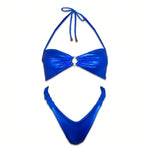 Shiny blue reversible bikini set with ring detail and ruched sides, handmade swimwear