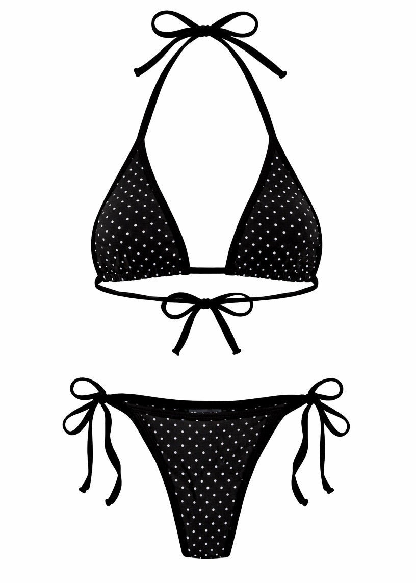 Black polka dot bikini set with tie straps, handmade reversible swimwear.