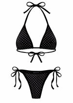 Black polka dot bikini set with tie straps, handmade reversible swimwear.