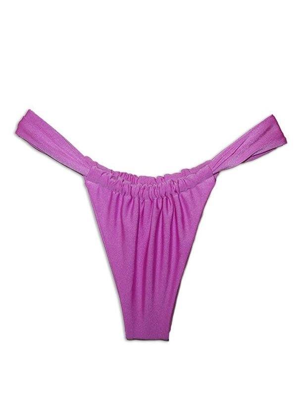 Pink handmade bikini bottom with gathered sides, sustainable swimwear on white background