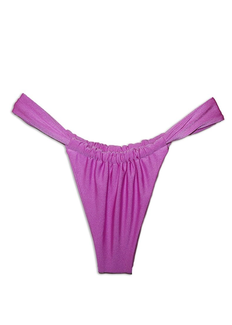 Pink handmade bikini bottom with gathered sides, sustainable swimwear on white background
