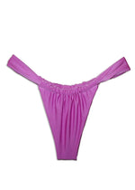 Pink handmade bikini bottom with gathered sides, sustainable swimwear on white background