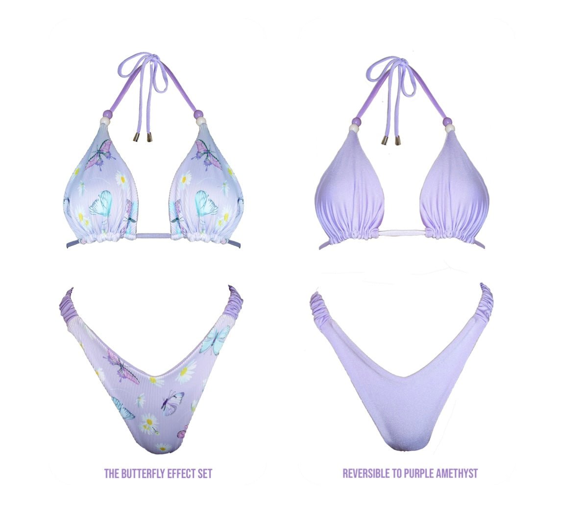Reversible butterfly print bikini set with purple amethyst side, handmade swimwear.
