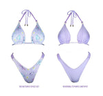 Reversible butterfly print bikini set with purple amethyst side, handmade swimwear.