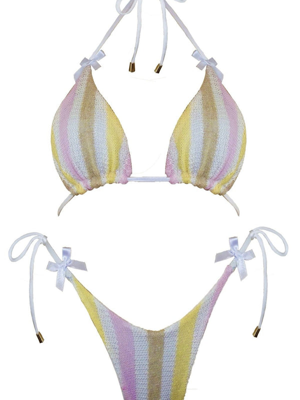 Handmade striped pastel bikini set with yellow, pink, and white hues, tie straps and bows