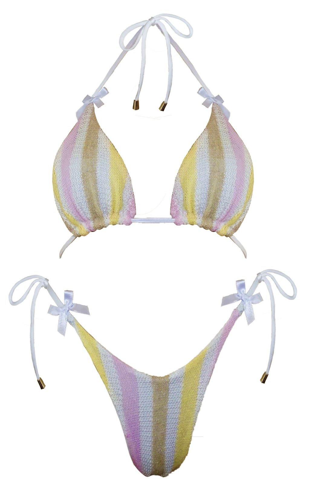 Handmade striped pastel bikini set with yellow, pink, and white hues, tie straps and bows