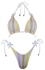 Handmade striped pastel bikini set with yellow, pink, and white hues, tie straps and bows