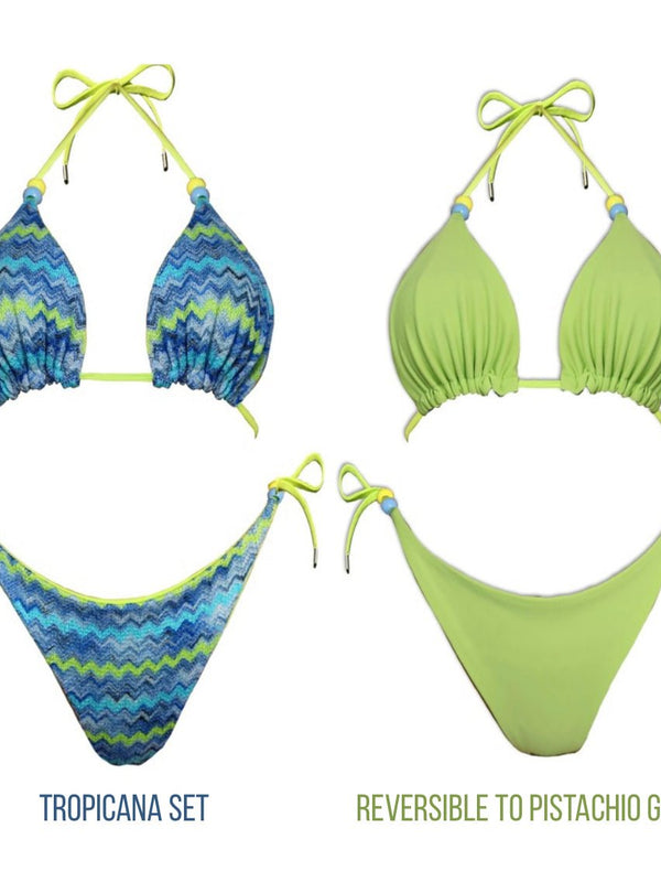 Reversible bikini set with blue zigzag pattern and pistachio green, adjustable ties