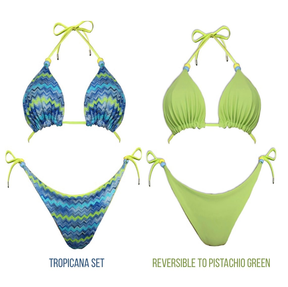 Reversible bikini set with blue zigzag pattern and pistachio green, adjustable ties