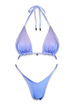 Light purple ombre triangle bikini set with tie straps and charm detail, reversible swimwear