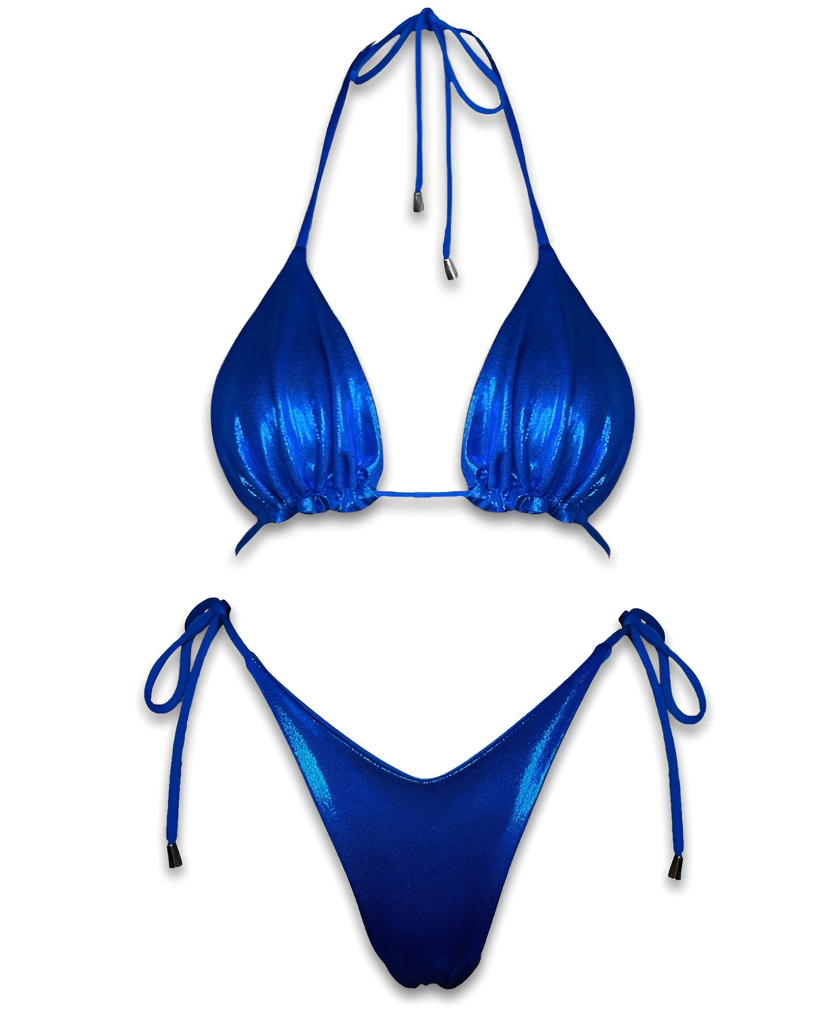 Shiny blue string bikini set with triangle top and tie-side bottoms on white background