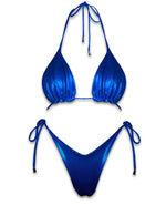 Shiny blue string bikini set with triangle top and tie-side bottoms on white background