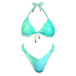 Aqua blue handmade reversible bikini set with ruched triangle top and scrunch bottoms on white background.