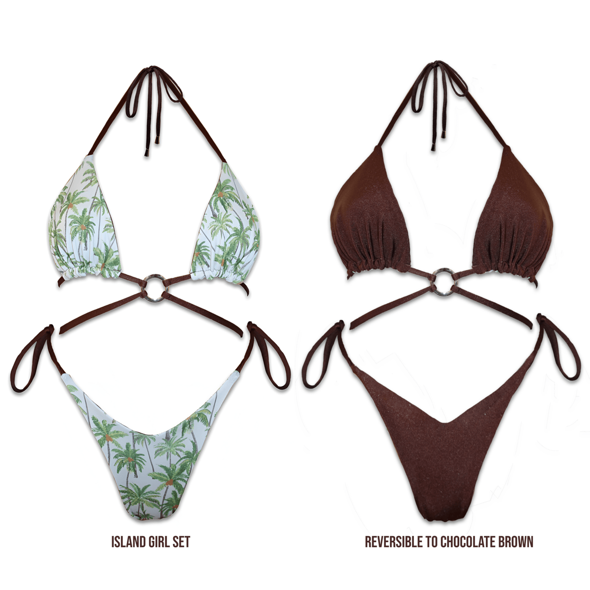 Reversible bikini set with palm tree print on one side, solid chocolate brown on the other.
