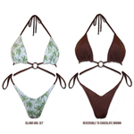 Reversible bikini set with palm tree print on one side, solid chocolate brown on the other.