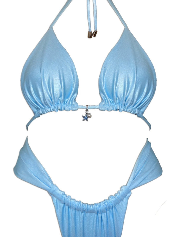 Light blue sparkly bikini set with ruched halter top and beaded starfish charm.