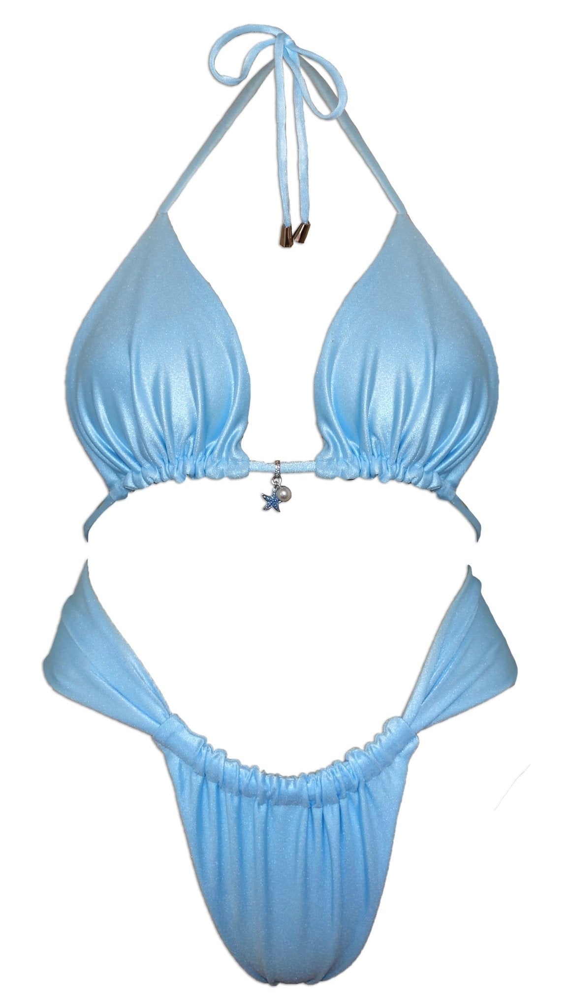 Light blue sparkly bikini set with ruched halter top and beaded starfish charm.