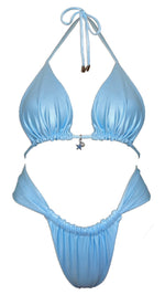 Light blue sparkly bikini set with ruched halter top and beaded starfish charm.