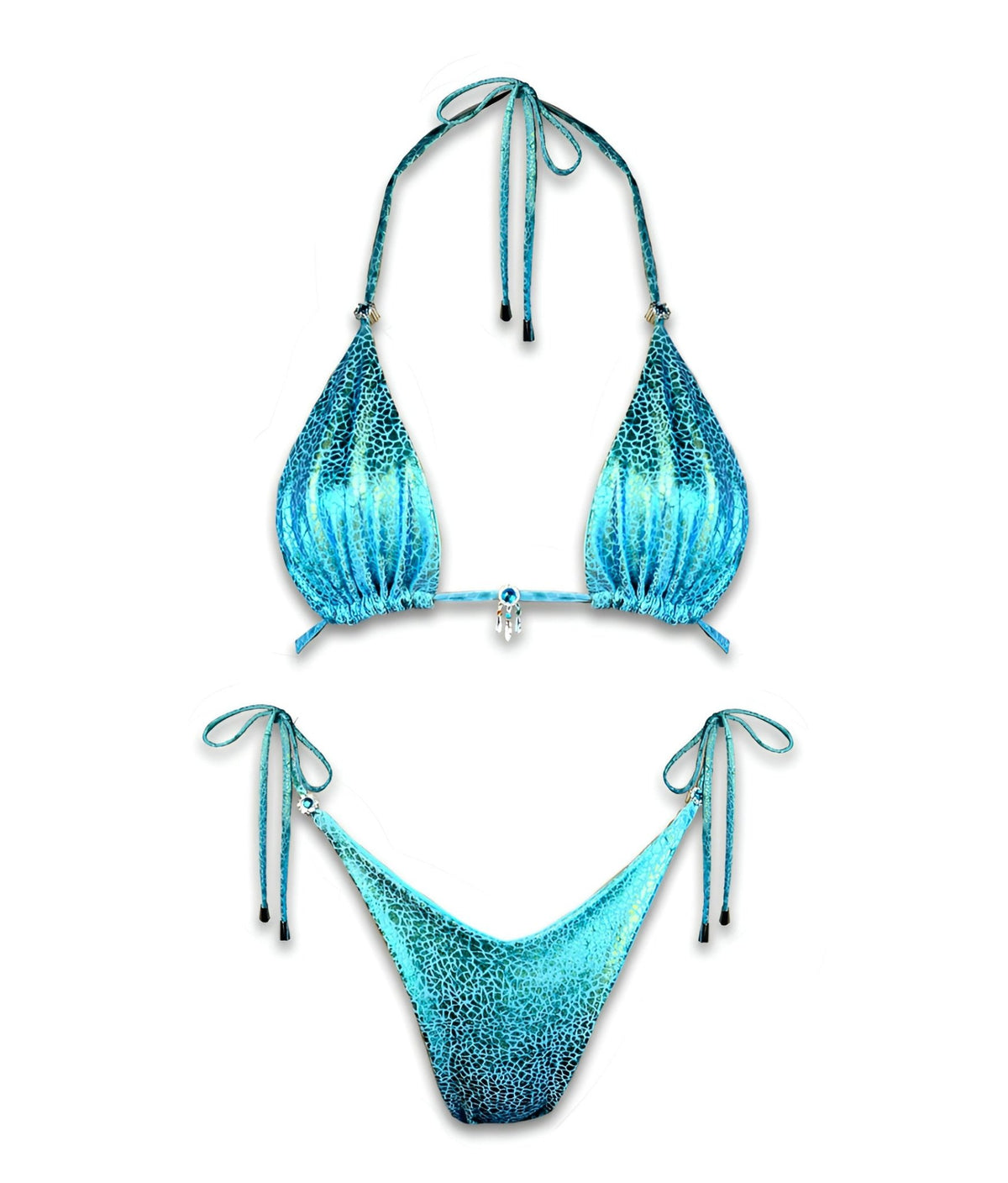 Blue reversible handmade bikini set with textured pattern and tie straps on white background