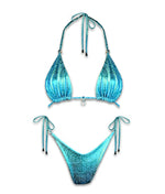 Blue reversible handmade bikini set with textured pattern and tie straps on white background