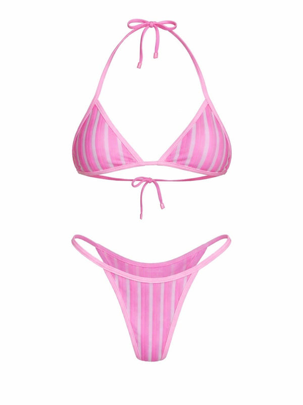 Pink striped handmade bikini set with triangle top and high-cut bottoms on white background