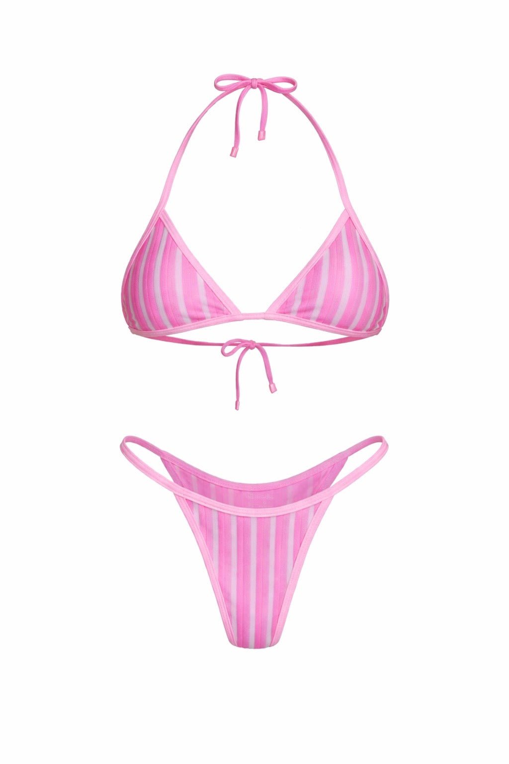 Pink striped handmade bikini set with triangle top and high-cut bottoms on white background