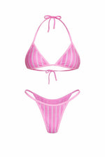 Pink striped handmade bikini set with triangle top and high-cut bottoms on white background