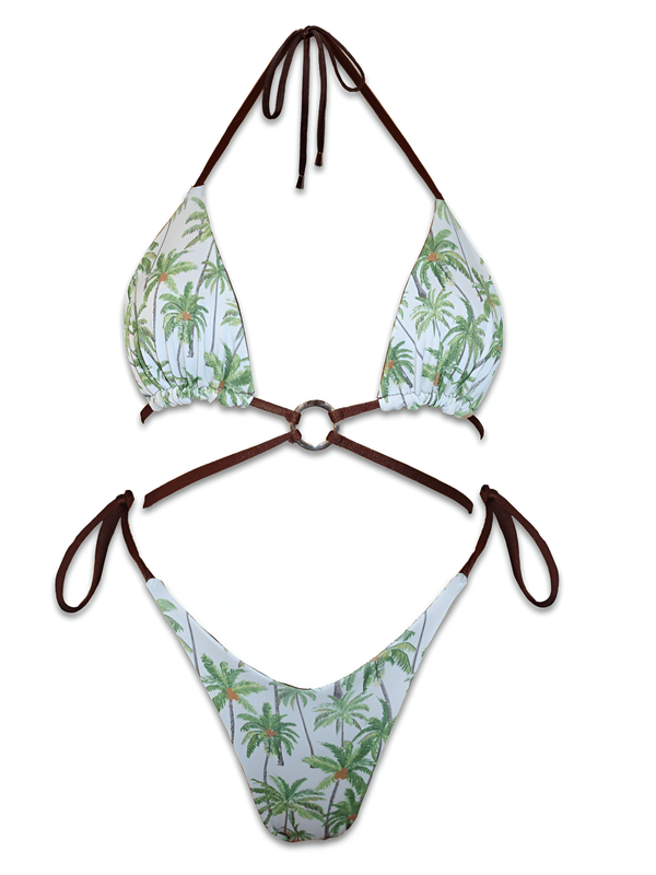 Handmade reversible palm tree print bikini set with brown straps and ring detail