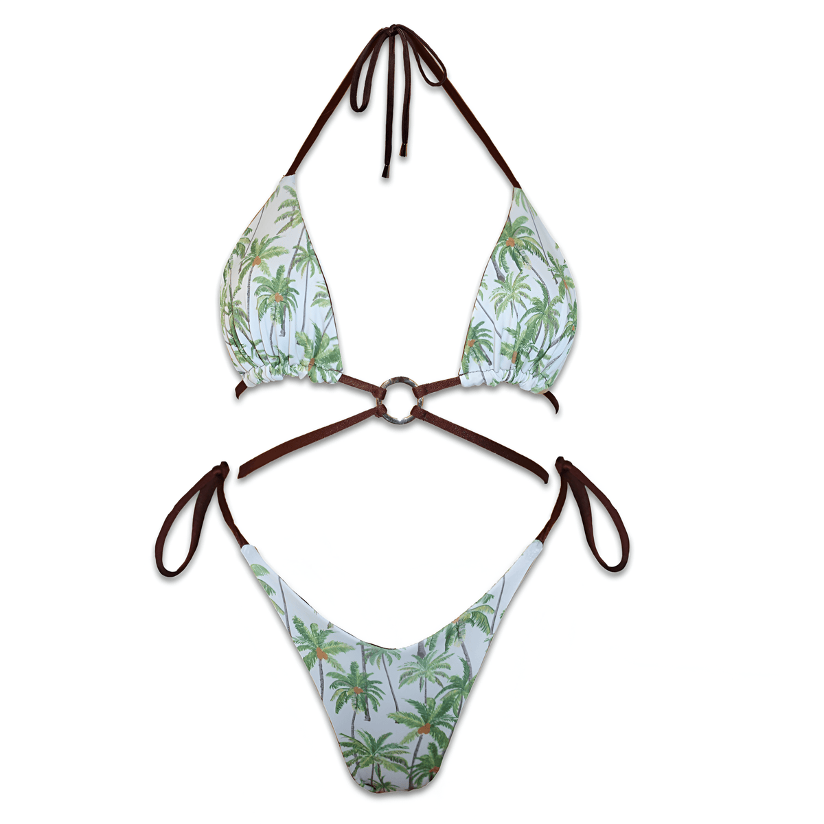 Handmade reversible palm tree print bikini set with brown straps and ring detail