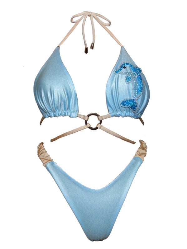 Light blue handmade bikini set with beaded dolphin detail and beige straps