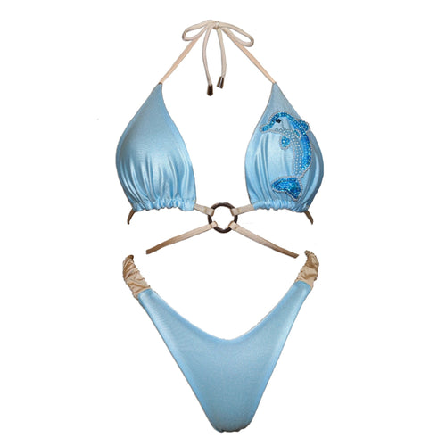 Light blue handmade bikini set with beaded dolphin detail and beige straps