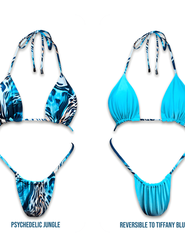 Reversible bikini set with psychedelic jungle print on one side and solid Tiffany blue on the other.
