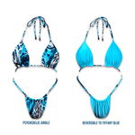 Reversible bikini set with psychedelic jungle print on one side and solid Tiffany blue on the other.