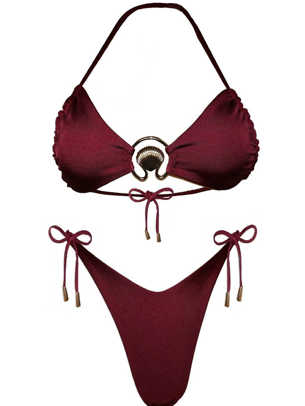 Burgundy bikini set with shell and gold ring detail, adjustable string ties, flat lay