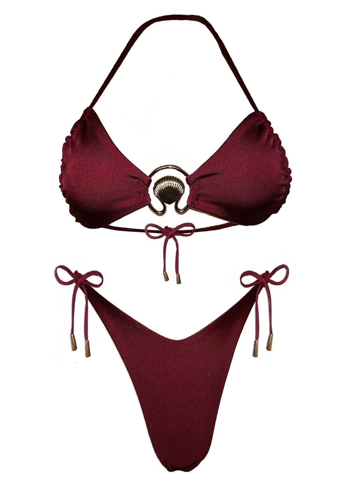 Burgundy bikini set with shell and gold ring detail, adjustable string ties, flat lay