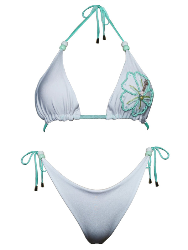 Handmade white bikini set with aqua ties and beaded flower detail on triangle top