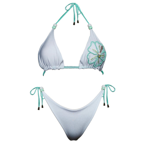 Handmade white bikini set with aqua ties and beaded flower detail on triangle top