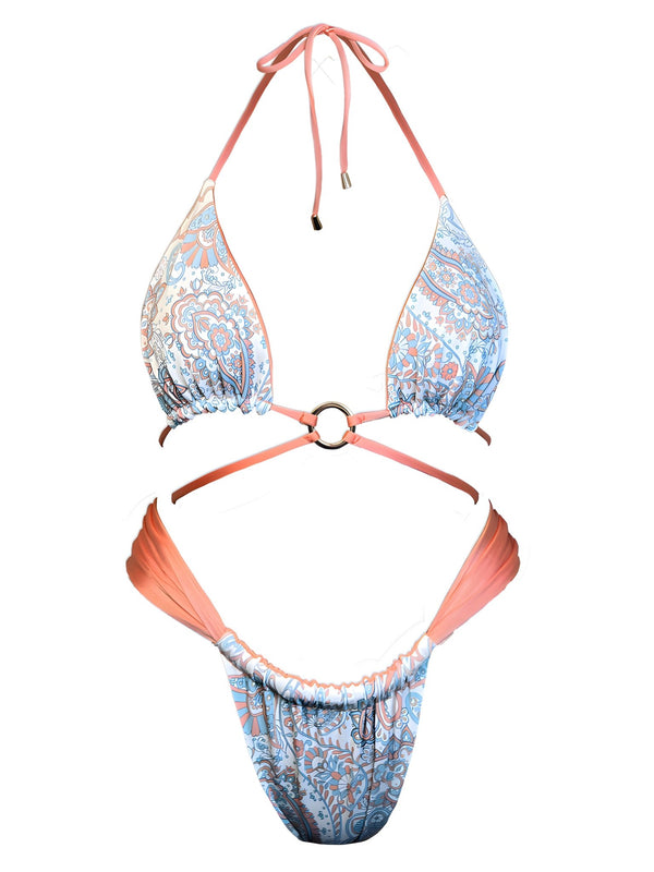 Handmade reversible bikini with blue and peach paisley print, gold ring detail, adjustable ties