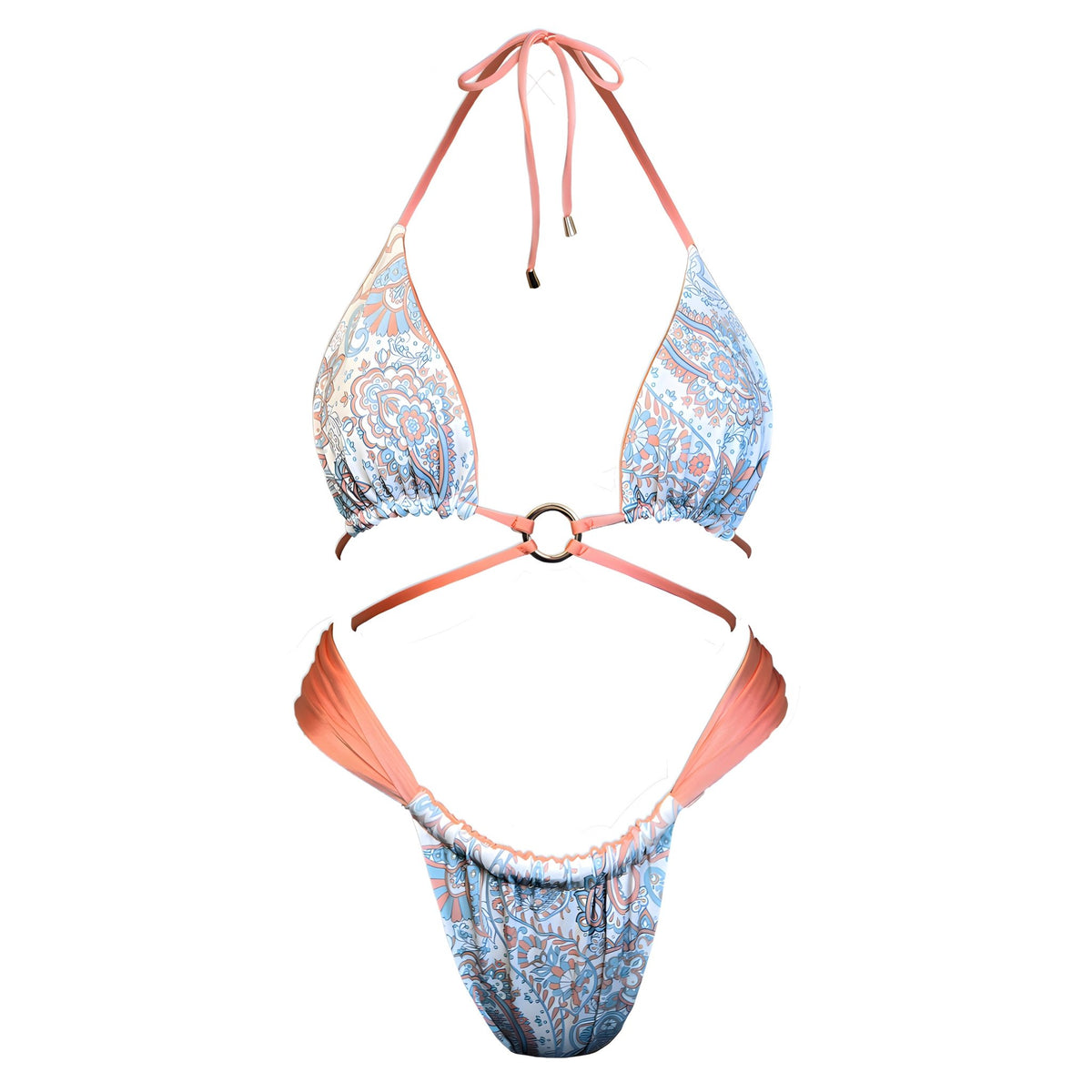 Handmade reversible bikini with blue and peach paisley print, gold ring detail, adjustable ties