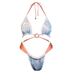 Handmade reversible bikini with blue and peach paisley print, gold ring detail, adjustable ties