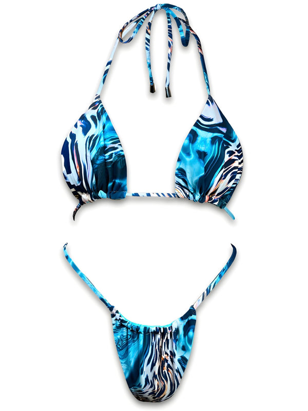 Handmade blue marble print reversible bikini set with triangle top and tie sides