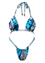 Handmade blue marble print reversible bikini set with triangle top and tie sides