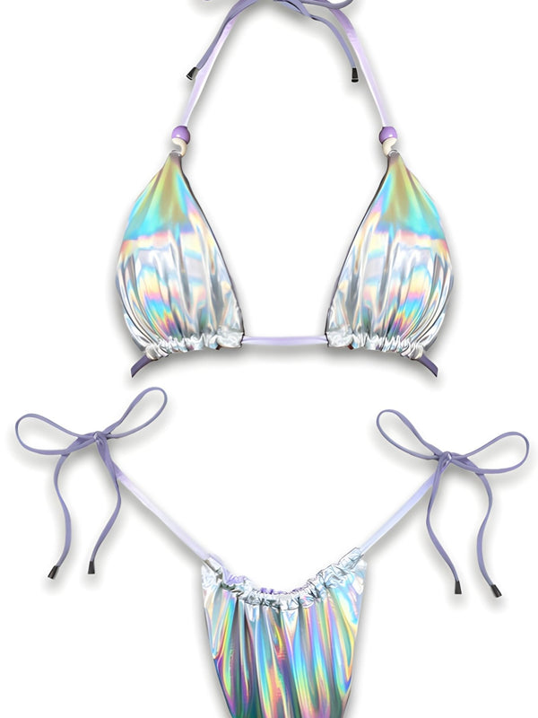 Iridescent handmade reversible bikini set with purple tie straps and beaded detail