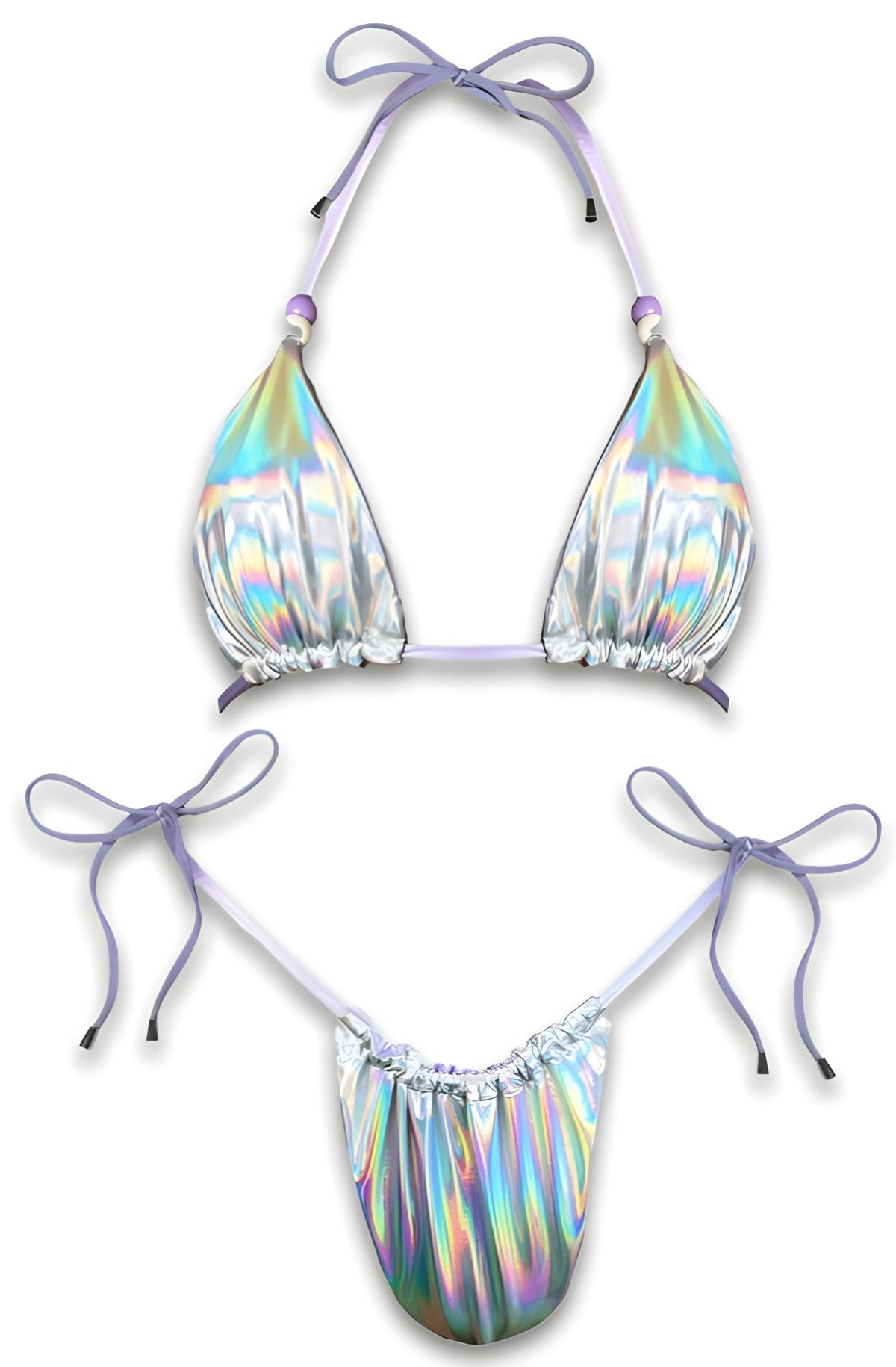 Iridescent handmade reversible bikini set with purple tie straps and beaded detail