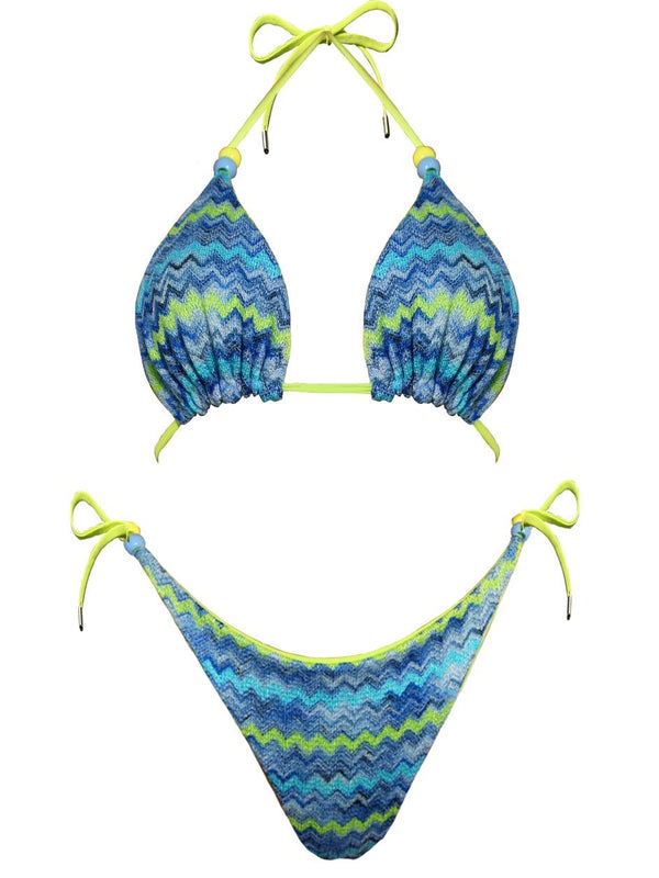 Blue and green chevron pattern reversible bikini set with beaded ties, front view