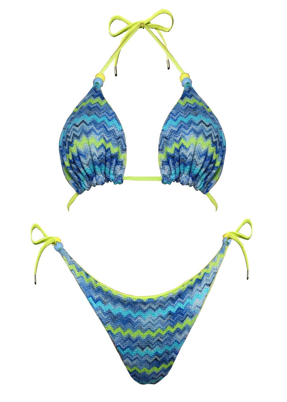 Blue and green chevron pattern reversible bikini set with beaded ties, front view
