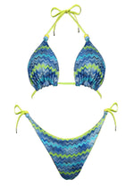 Blue and green chevron pattern reversible bikini set with beaded ties, front view
