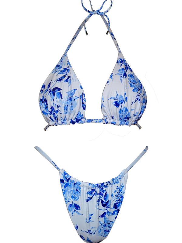 Blue floral print handmade reversible bikini set with triangle top and adjustable bottoms