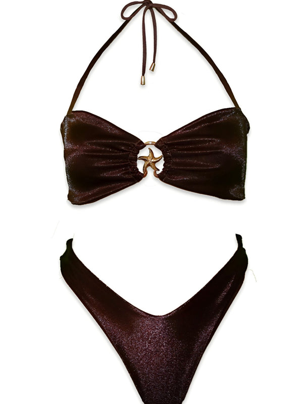 Shimmery brown bikini set with a starfish center detail and halter tie top